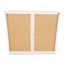 Armoire Basse à Rideaux de Bureau MTI 2 Tablettes Corps Blanc et Rideaux Hêtre 120x105x43cm - AM1210R-HE