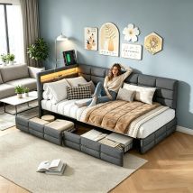 Foerpl-canapé-lit Rembourré 90 X 200 Cm Avec Led Et Usb/type-c, Lit Simple Capitonné 90 X 200 Avec 2 Tiroir De Rangement, Lit Banquette Avec Sommier À