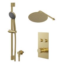 Colore Round Brushed Brass Concealed Push Button Shower Valve And 300mm Thin Round Fixed Head With Wall Arm And Round Slide Rail Kit With Round Elbow 