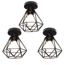Wottes - Vintage Ceiling Light Flush Mount Ceiling Lamp Metal Cage Lampshade Black Pendant Light 3-pack