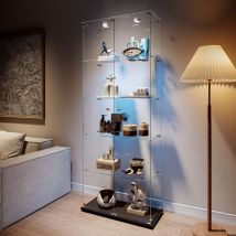 Vitrina De Cristal Vidrio Templado Con 5 Estantes, Expositor Multifuncional Con Puertas Dobles, Tirador Metálico Y Cerradura De Llave, Iluminación 