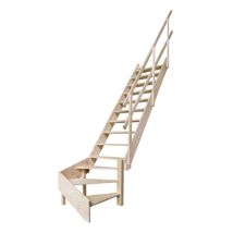 Müllertreppe Wendel-Vorsatz rechts – Massives Fichtenholz – Breite 73 cm – Maximale Geschosshöhe 3,57 m – Neigungswinkel 53° – Anzahl der Stufen 16