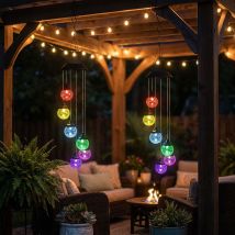 Carillon Solaire Rgb Led Lampe À Suspendre De Jardin Décoration Extérieure Boule De Verre Craquelé, Métal, Changeur De Couleur, Led, Dxh 12,5x60 Cm, 