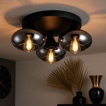 Lampada Da Soffitto In Vetro Fumé A Filamento Dimmerabile Per Il Soggiorno Luce Da Soffitto Sfera Di Vetro Rotonda, Metallo Nero, 3x 4w 470lm Bianco 