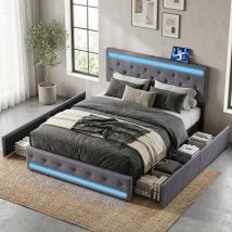 Letto 140x190 Per Adulti, 4 Cassetti, Letto Matrimoniale Capitonné Con Illuminazione Led E Porta Usb-c, Testiera Regolabile, Letto Con Contenitore, 