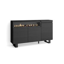 Sideboard, Highboard, Kommode, Komodenschrank, 150x87x35cm, 3 Türen, Elektrokamin. Maße, Industriedesign, Moderner Stil, Schwarz - Skraut Home