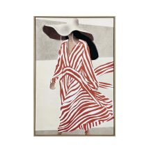 Cuadro Decorativo Mujer Con Sombrero Y Rayas Con Detalles Pintados A Mano Color Rojo, 90x60cm