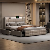 Lit 160x200,lit Deux Place,lit Adulte 160x200,lit Double Rembourré 160x200,4 Tiroirs,tête De Lit Avec Lumière Led Et Usb,lin,beige