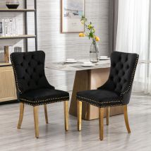 Lot De 2 Chaises De Salle À Manger En Velours, Dossier Capitonné, Pieds Finition Dorée, Clous Décoratifs Et Assise Rembourrée - Noir