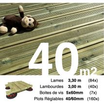 Kit complet terrasse Pin autoclave Vert pour 40 m² • Lames 3,3 m, lambourdes 3 m, plots réglables et visserie Inox • Livraison gratuite