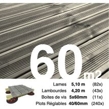 Kit Complet Terrasse Pin Autoclave Gris Pour 60 M² • Lames 5,1 M, Lambourdes 4,2 M, Plots Réglables Et Visserie Inox • Livraison Gratuite