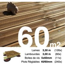 Promo Kit complet terrasse Pin autoclave Marron pour 60 m² • Lames 3,3 m, lambourdes 3 m, plots réglables et visserie Inox • Livraison gratuite