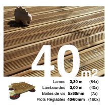 Kit complet terrasse Pin autoclave Marron pour 40 m² • Lames 3,3 m, lambourdes 3 m, plots réglables et visserie Inox • Livraison gratuite
