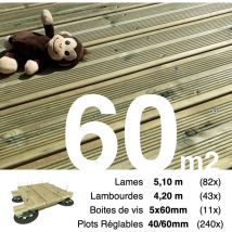 Promo Kit complet terrasse Pin autoclave Vert pour 60 m² • Lames 5,1 m, lambourdes 4,2 m, plots réglables et visserie Inox • Livraison gratuite