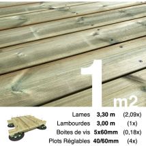 Kit complet terrasse Pin autoclave Vert pour 1 m² • Lames 3,3 m, lambourdes 3 m, plots réglables et visserie Inox