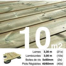 Kit complet terrasse Pin autoclave Vert pour 10 m² • Lames 3,3 m, lambourdes 3 m, plots réglables et visserie Inox