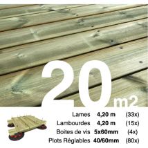 Kit complet terrasse Pin autoclave Vert pour 20 m² • Lames 4,2 m, lambourdes 4,2 m, plots réglables et visserie Inox • Livraison gratuite