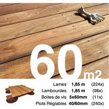 Kit Complet Terrasse Bois Exotique Jatoba Pour 60 M² • Lames 1,85 M, Lambourdes 1,85 M, Plots Réglables Et Visserie Inox • Livraison Gratuite