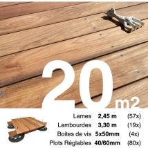 Kit complet terrasse bois exotique jatoba pour 20 m² • Lames 2,45 m, lambourdes 3,3 m, plots réglables et visserie Inox • Livraison gratuite