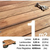 Kit complet terrasse bois exotique JATOBA pour 1 m² • Lames 2,45 m, lambourdes 3,3 m, plots réglables et visserie Inox
