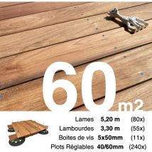 Promo Kit complet terrasse bois exotique jatoba pour 60 m² • Lames 5,2 m, lambourdes 3,3 m, plots réglables et visserie Inox • Livraison gratuite