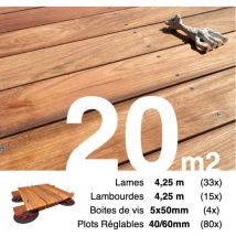 Kit complet terrasse bois exotique jatoba pour 20 m² • Lames 4,25 m, lambourdes 3,3 m, plots réglables et visserie Inox • Livraison gratuite