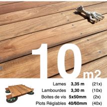 Kit complet terrasse bois exotique jatoba pour 10 m² • Lames 3,35 m, lambourdes 3,3 m, plots réglables et visserie Inox • Livraison gratuite