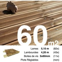 Promo Kit terrasse Pin autoclave Marron pour 60 m² • Lames 5,1 m, lambourdes 4,2 m et visserie Inox • Livraison gratuite