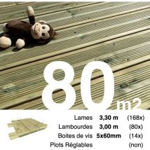 Promo Kit terrasse Pin autoclave Vert pour 80 m² • Lames 3,3 m, lambourdes 3 m et visserie Inox • Livraison gratuite