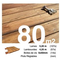Promo Kit terrasse bois exotique jatoba pour 80 m² • Lames 5,2 m, lambourdes 3,3 m et visserie Inox • Livraison gratuite