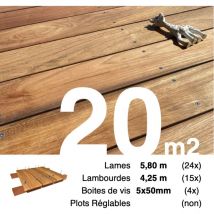 Kit terrasse bois exotique jatoba pour 20 m² • Lames 5,8 m, lambourdes 3,3 m et visserie Inox • Livraison gratuite
