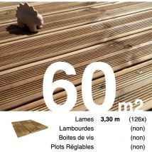 Promo Planches de terrasse Pin autoclave Marron pour 60 m² • Longueur 3,3 m • Livraison gratuite