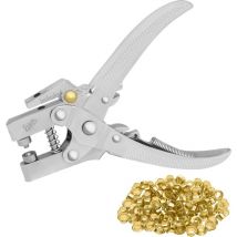 Pince a Oeillet avec 100 Œillets - Pince Perforeuse de 16 cm pour Ceinture en Cuir - Œillets en Métal Doré de 7,2 mm - Pour Tissus, Vêtements,