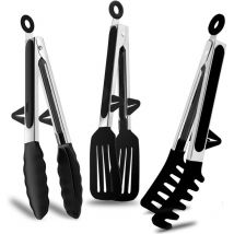 Pince Cuisine Professionnel, Résistant à la Chaleur 200°C Pince Barbecue en Acier Inoxydable et Silicone Alimentaire, Pince de Cuisine - Noir