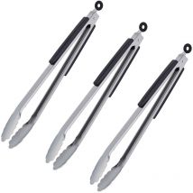 Relaxdays - Pince de barbecue, lot de 3, long ustensile pour le grill, 38 cm, poignée en bois, acier inoxydable, argent/noir
