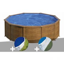 Kit piscine acier aspect bois Gré Pacific ronde 4,80 x 1,22 m + Bâche à bulles + Tapis de sol
