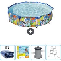 Bestway - Piscine Ronde Steel Pro - 305 x 66 cm - Imprimé Jungle - Incluse Accessoire CB9 - Multicolour