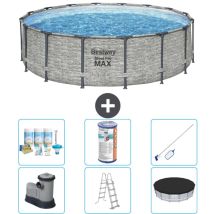 Piscine Bestway ronde Steel Pro MAX - Impression pierre - 488 x 122 cm - Comprend des Accessoires CB32