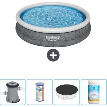 Bestway - Piscine gonflable ronde à réglage rapide - Imprimé rotin - 366 x 76 cm - Comprend des Accessoires CB51 - Grey