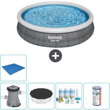 Bestway - Piscine gonflable ronde à réglage rapide - Imprimé rotin - 366 x 76 cm - Comprend des Accessoires CB11 - Grey