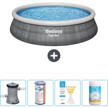 Bestway - Piscine gonflable ronde à réglage rapide - Imprimé rotin - 457 x 84 cm - Comprend des Accessoires CB49 - Grey