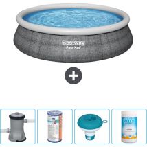Bestway - Piscine gonflable ronde à réglage rapide - Imprimé rotin - 457 x 84 cm - Comprend des Accessoires CB53 - Grey