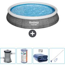 Bestway - Piscine gonflable ronde à réglage rapide - Imprimé rotin - 396 x 84 cm - Comprend des Accessoires CB54 - Grey