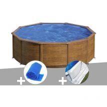 Kit piscine acier aspect bois Gré Sicilia ronde 4,80 x 1,22 m + Bâche à bulles + Tapis de sol