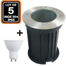 Lote de 5 focos empotrables de suelo redondos acero inoxidable 304 Exterior IP65 + Bombillas GU10 7 w Blanco cálido 2700 k