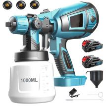 Pistole a spruzzo da giardino, pistola a spruzzo per vernice senza fili da 1000 ml, pistole a spruzzo hvlp + 2 batterie da 3,0 a + caricabatterie,