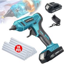 Pedony - Pistolet à colle , Pistolet à colle thermofusible électrique sans fil 100 w avec 20 bâtons de colle 11 mm, 2 batterie 3,0 a + chargeur,