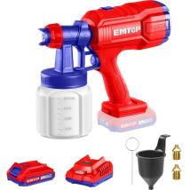 Pistolet à peinture 800ml sans fil Emtop 20v avec 1 chargeur + 1 batterie lithium-ion 2.0ah