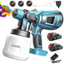 Pistolet à peinture hvlp sans fil 1000 ml, pistolet à peinture hvlp, 3 modes de pulvérisation, pour clôtures, terrasses, meubles de jardin + 2