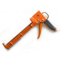 Pistolet métallique renforcé pour cartouches de silicone avec crémaillère couleur orange usage professionnel supertite